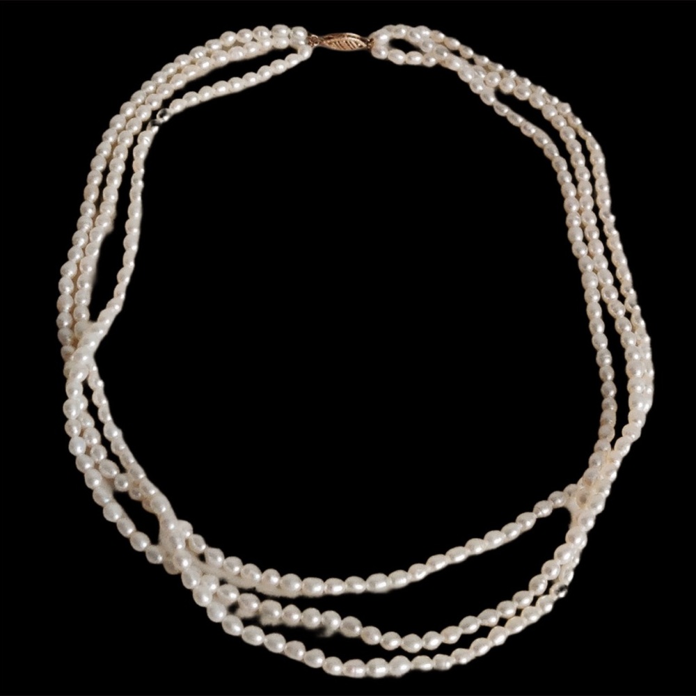 Vintage Solid 14k Gold With Real Rice Pearls Three Stranded Necklace